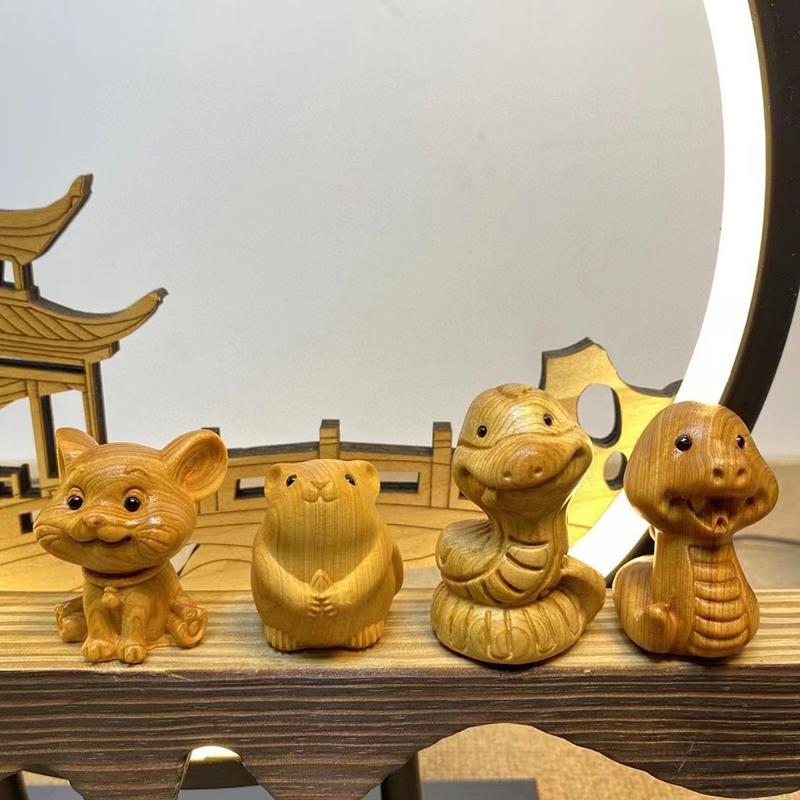 Wooden the Twelve Chinese Zodiac Signs Animal Sculptures Figurines  Cute Home Room Office Decorative Small Model Suit