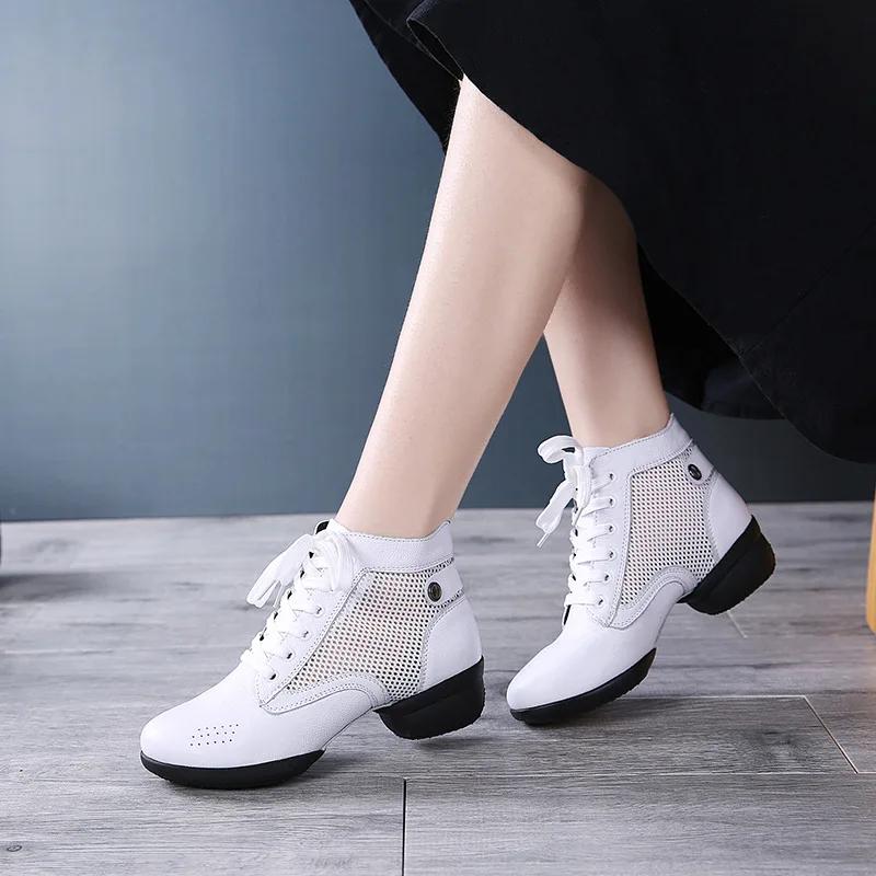  Fashion Woman Genuine Leather Boots Square Dance Shoes Increase Women Sneakers Boots Soft Sole Modern Girls Dance Shoes