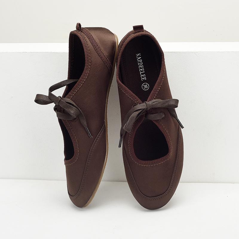 Fashion Shoes Woman Flats Round Toe Casual Female Sneakers Soft Shallow Mouth Dress Ballerinas Comfortable Leisure Lace-Up Ballet