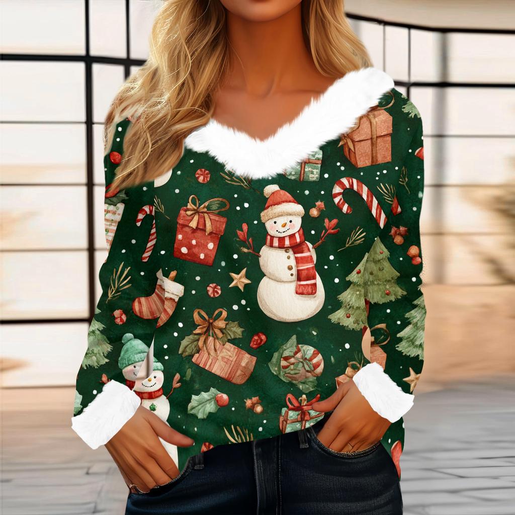 Women's Casual Fashion Long Sleeve Christmas Printed Flannel Collar Top
