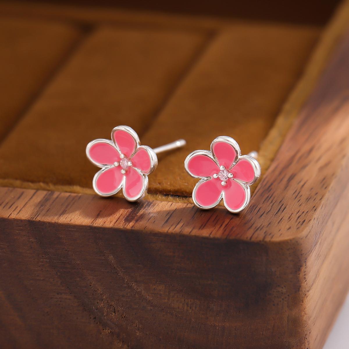 Cute Literary Flower 925 Sterling Silver Pink Epoxy Crystal Stud Earrings серебряный