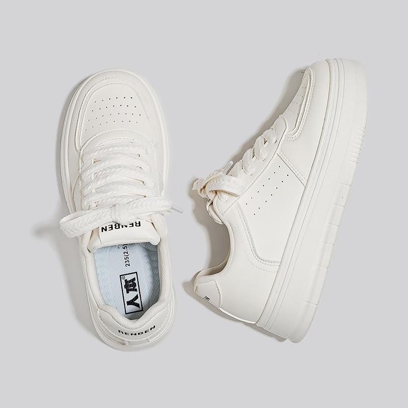 Fashion Spring Women Faux Leather Sneakers Lace Up Low-top Round Toe Thick Bottom Outdoor  Women Shoes Comfy Versatile Zapatos De Mujer