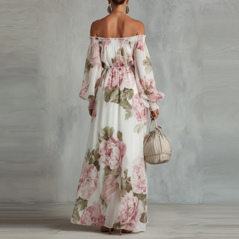 European & American 2026 Fashion Print One-Shoulder Lantern Sleeve Elegant Dress