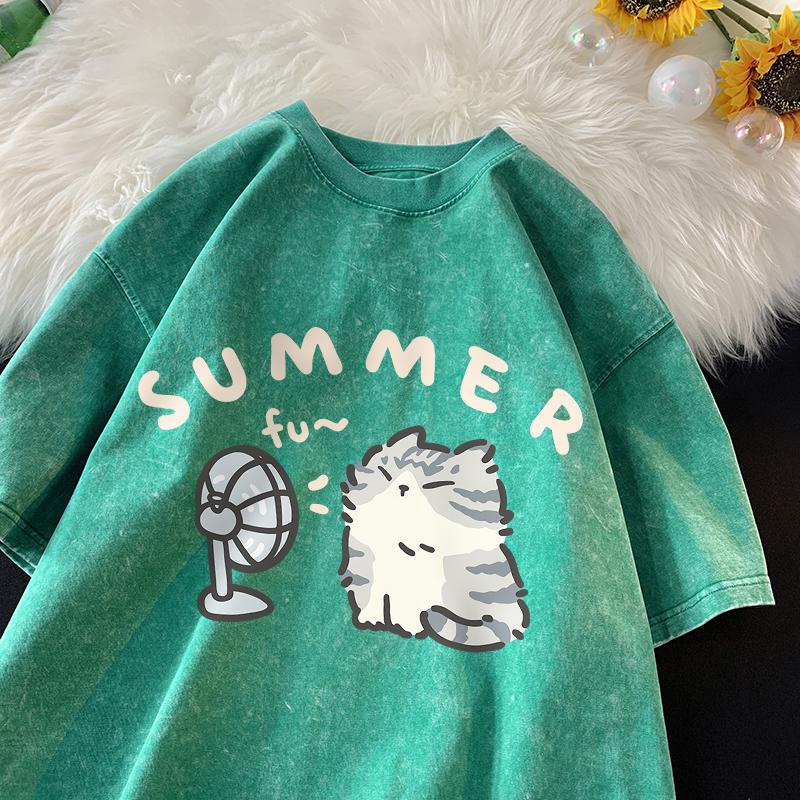 American Street Creative Blow Fan Cat Pure Cotton T-shirt Men Women Summer Relaxed Short Sleeve Couple Vintage Water Washing Top