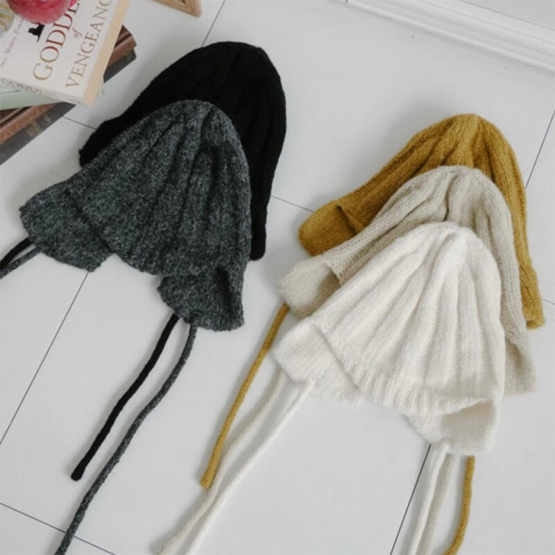 Women s Wool Knit Alpaca Chin Strap Woolen Hat C8554_Gray
