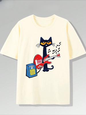 Vibrant Music Guitar Kitten Print TShirt  Pure Cotton Round Neck Top HighQuality Cartoon for Music Enthusiasts and Kitten Fans