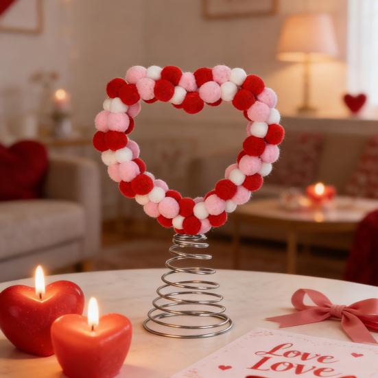 Topo de Árvore Coração Dia dos Namorados Pompons Vermelhos Rosa Brancos Ornamento de Topo de Árvore Amor Coração para Dia dos Namorados Natal Casamento Festa de Aniversário Casa