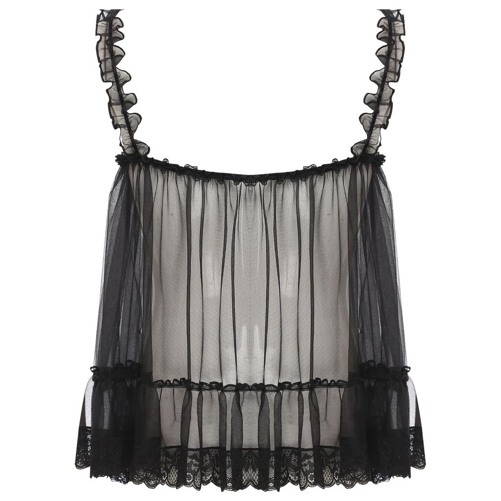Mens Sheer Mesh Camisole Ruffled Straps Bow Accent Lace Trim Crossdressing Slip Top Clubwear