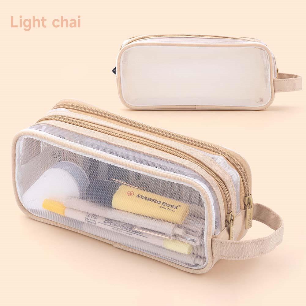 Large Grid Mesh Pencil Case 2 Compartment Pen Bag Clear Handheld Multifunction Pencil Pouch Transparent Makeup Bag for Children