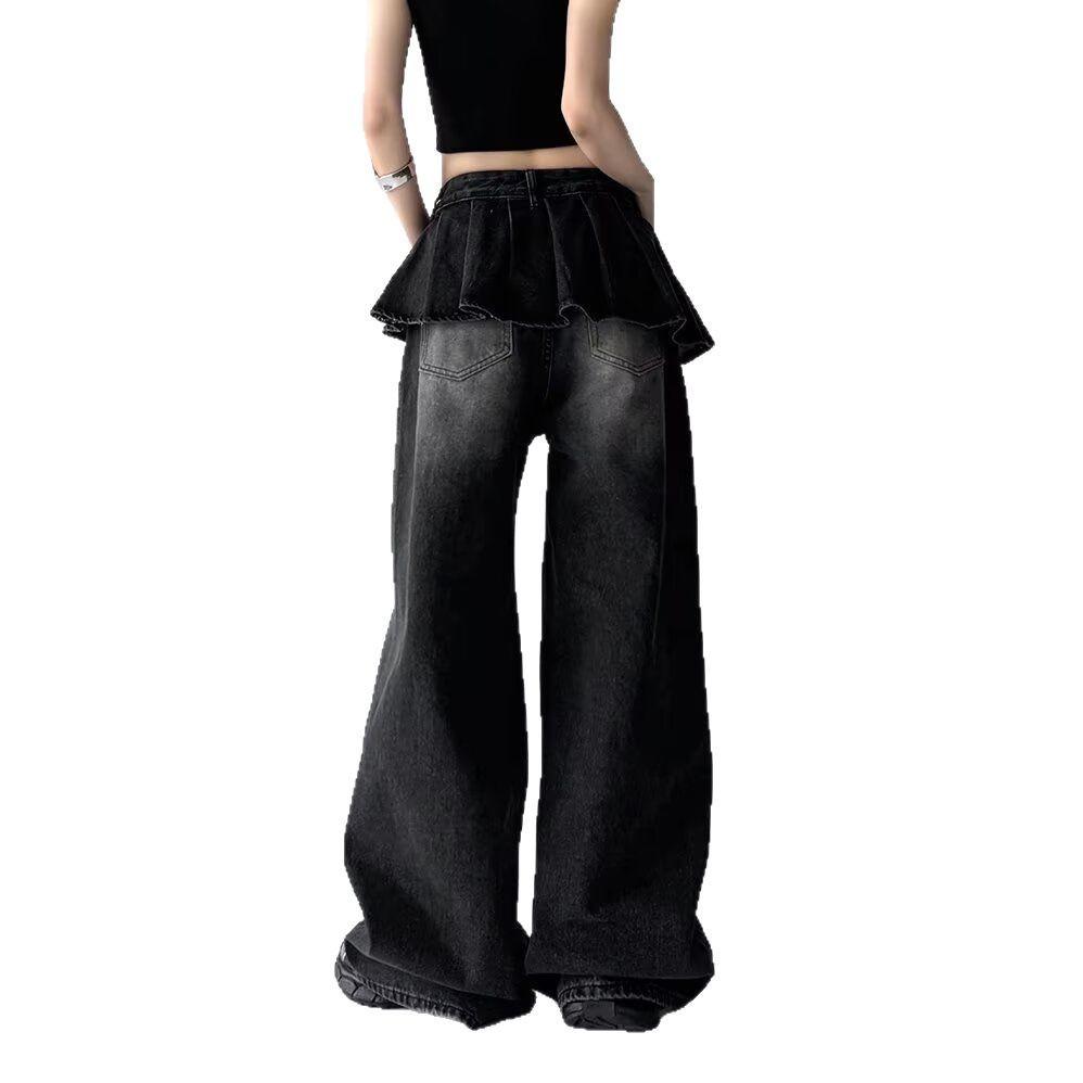 Černé a šedé falešné dvoudílné džíny s designem sukně pro ženy, nové letní splývavé kalhoty se širokými nohavicemi