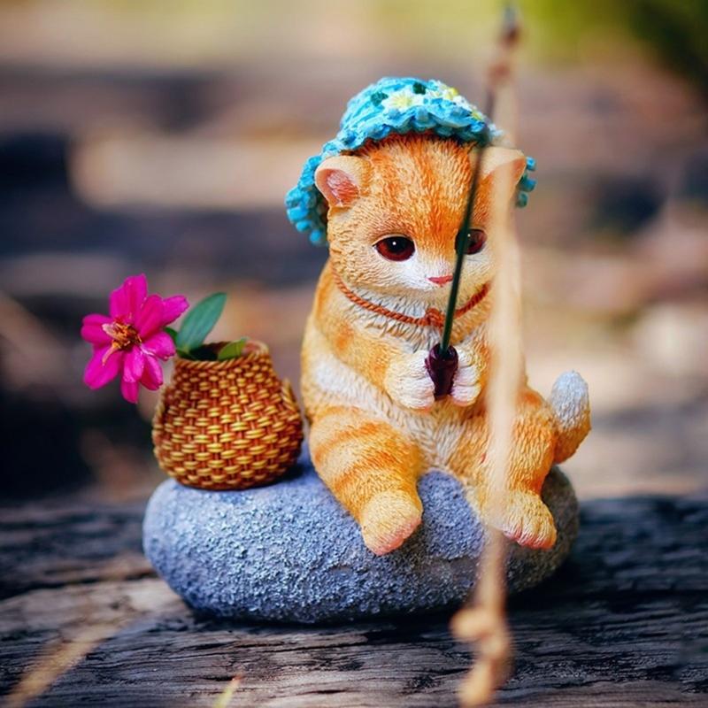 Katzen Angeln Figur für Garten- oder Aquariendekoration Dekorative Tierfigur aus Harz Terrassen Rasen Hof Ornament