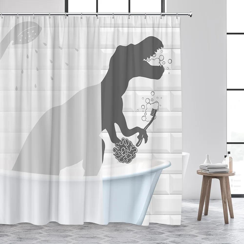Funny Animal Shower Curtain, Black and White Wildlife Elephant Dinosaur Shower Cartoon Cat Polyester Fabric Bathroom Decor Set