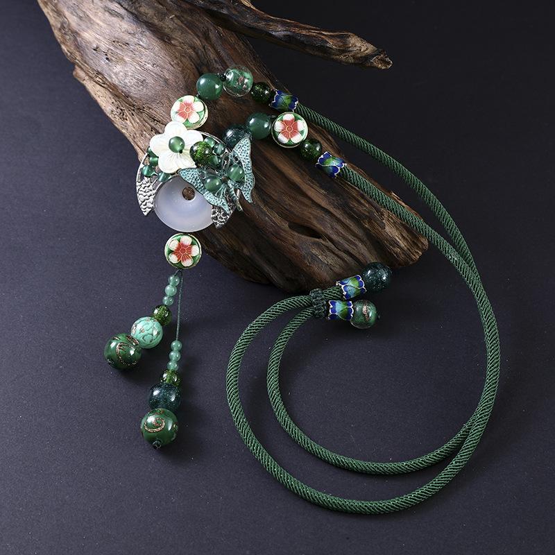 BLINGBAY Women s Vintage Green Beaded Butterfly Pendant Necklace with Floral Enamel Accents and Tassel Chain Fashion Jewelry Gift