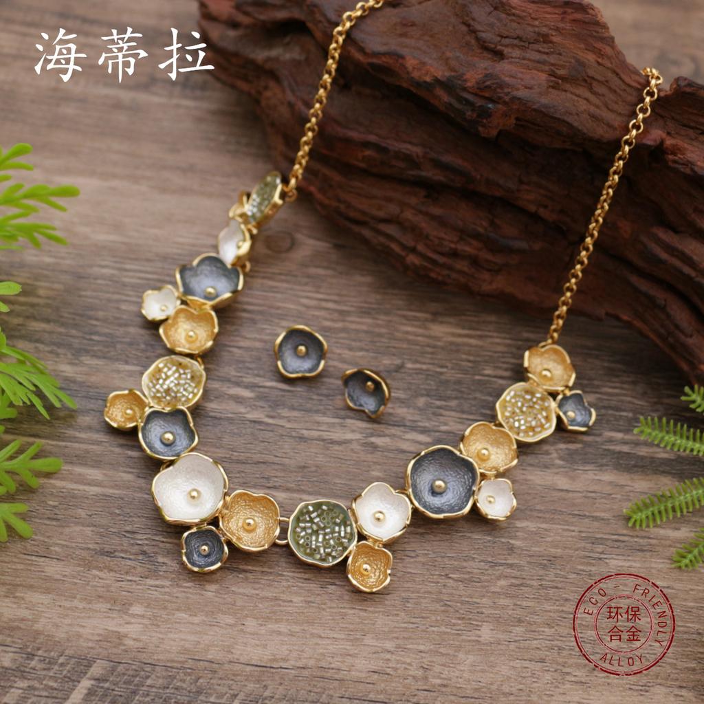 Yellow painting oil geometric flower stud earrings necklace set, stylish and simple women's versatile flower necklace