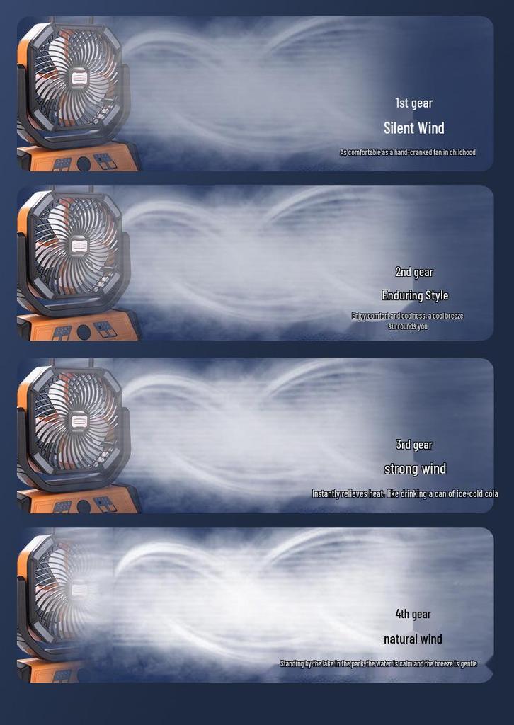 Portable Silent Camping Fan with Light & USB Charging - Large Capacity Outdoor & Fishing Oscillating Fan