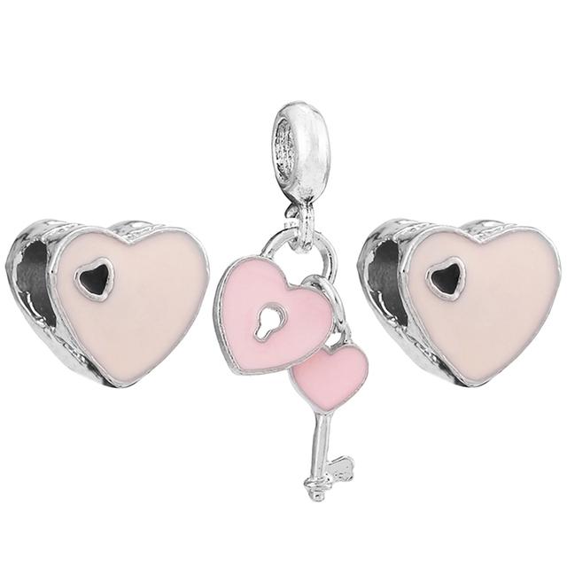 3pcs /Lot Pink Love Heart Beads Enamel Mom Pendant Fit Diy Brand Charm Bracelets Necklaces For Women Mother Jewelry Making