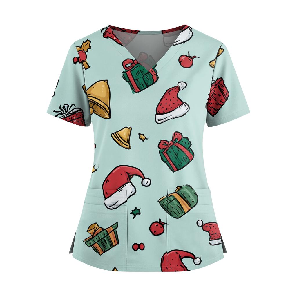Women's Christmas Print V-Neck Double Pocket Short Sleeves Hem Slit Uniform And Caregiver Top