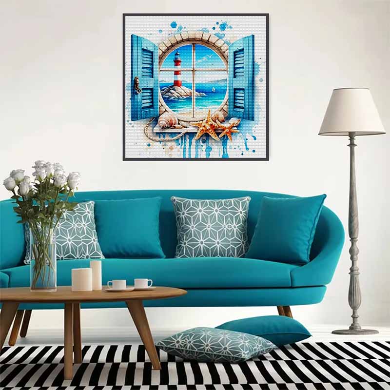 New Arrival 5D DIY Full Circle Diamond Painting "Window Seaside" Embroidery Cross Stitch Home Decor Gift