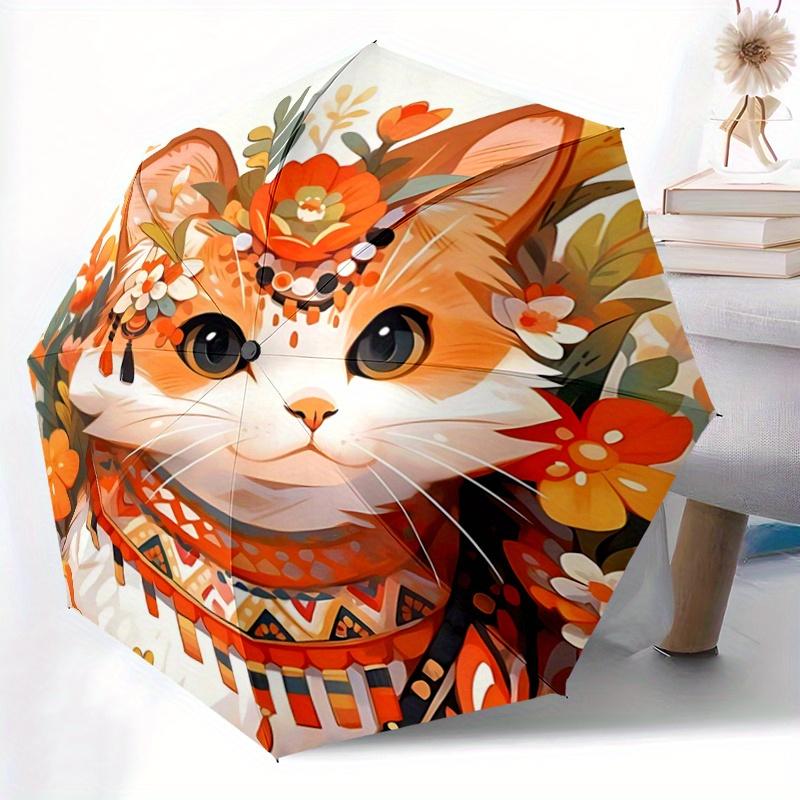 1pc Orange Cat Creative Design Durable Cartoon Folding Umbrella, Portable 3-Fold Compact Umbrella for Men and Women, Suitable for Travel or