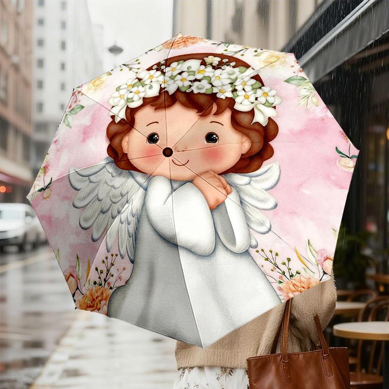 1pc Angel Flowers Automatic Folding Umbrella, Heavy Duty 8 Rib Iron Frame,  Suitable for Travel, Daily Use, Birthday, Decor Gift m0104018