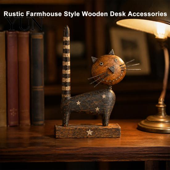 Artistic Retro Room Ornament Rustic Wooden Cat with Spring Shaking Head for Farmhouse Tabletop Cute Figurine Shelf Decor, Handcrafted Folk Art Animal