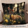 1pc Contemporary Deer Meadow Plush Pillow Cover - Double-Sided Short Plush with Meadow Deer, Zipper Closure Sofa/Bed Decorative, Machine Washable (No 