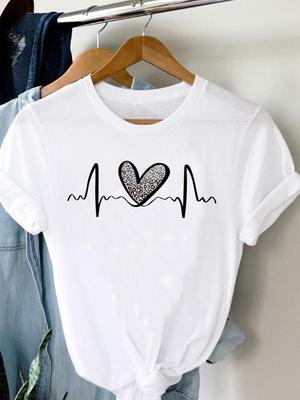 (Rozmiar azjatycki) Damska koszulka Top Leopard Love Heart Śliczna koszulka z krótkim rękawem i modnym nadrukiem Odzież damska Casual Tshirt Kobiece t-shirty z grafiką