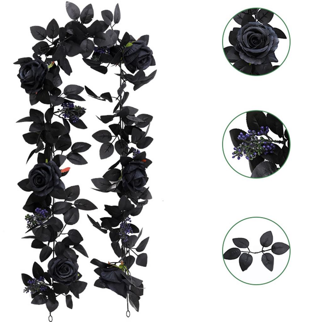 Artificial Black Rose Vine For Halloween Decor Vintage Faux Flowers Decor Red Berries Plant Garland For Outdoor Home Wall Decor