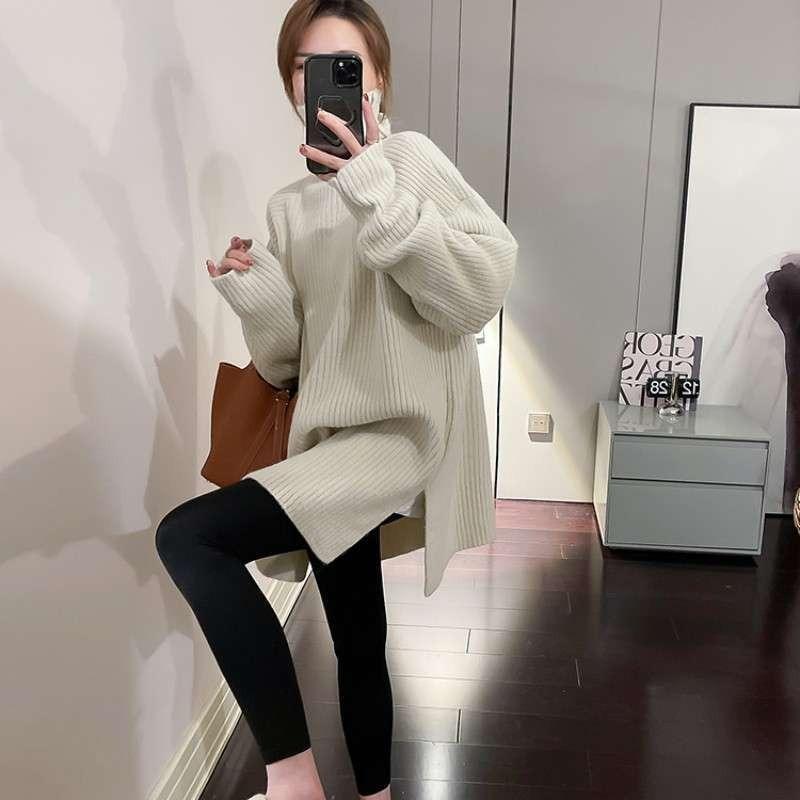 

Хаки водолазка ленивый свитер женский осень и зима новый дизайн чувство разрез вилка средней длины низ верх One Size