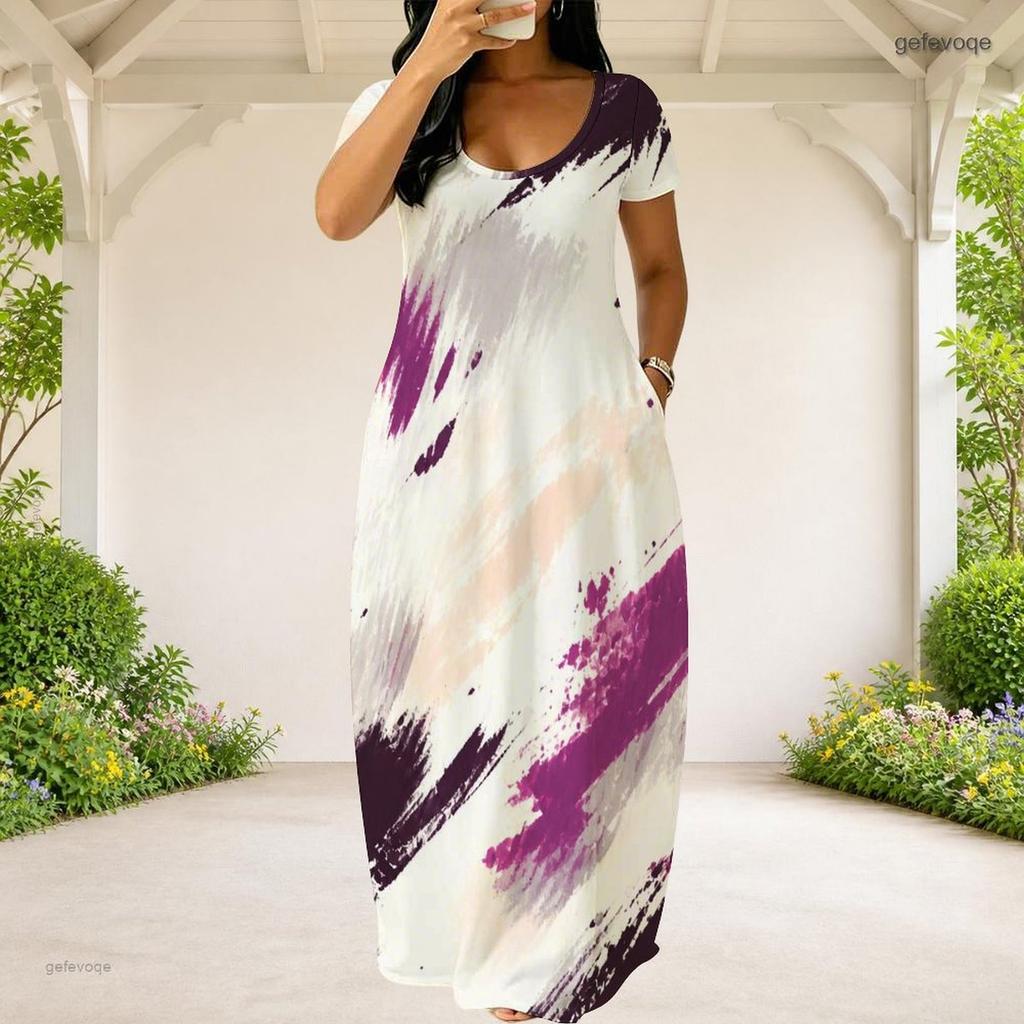 Women Plus Size Round Neck Short Sleeve Printed Loose Maxi Dress With Side Pockets