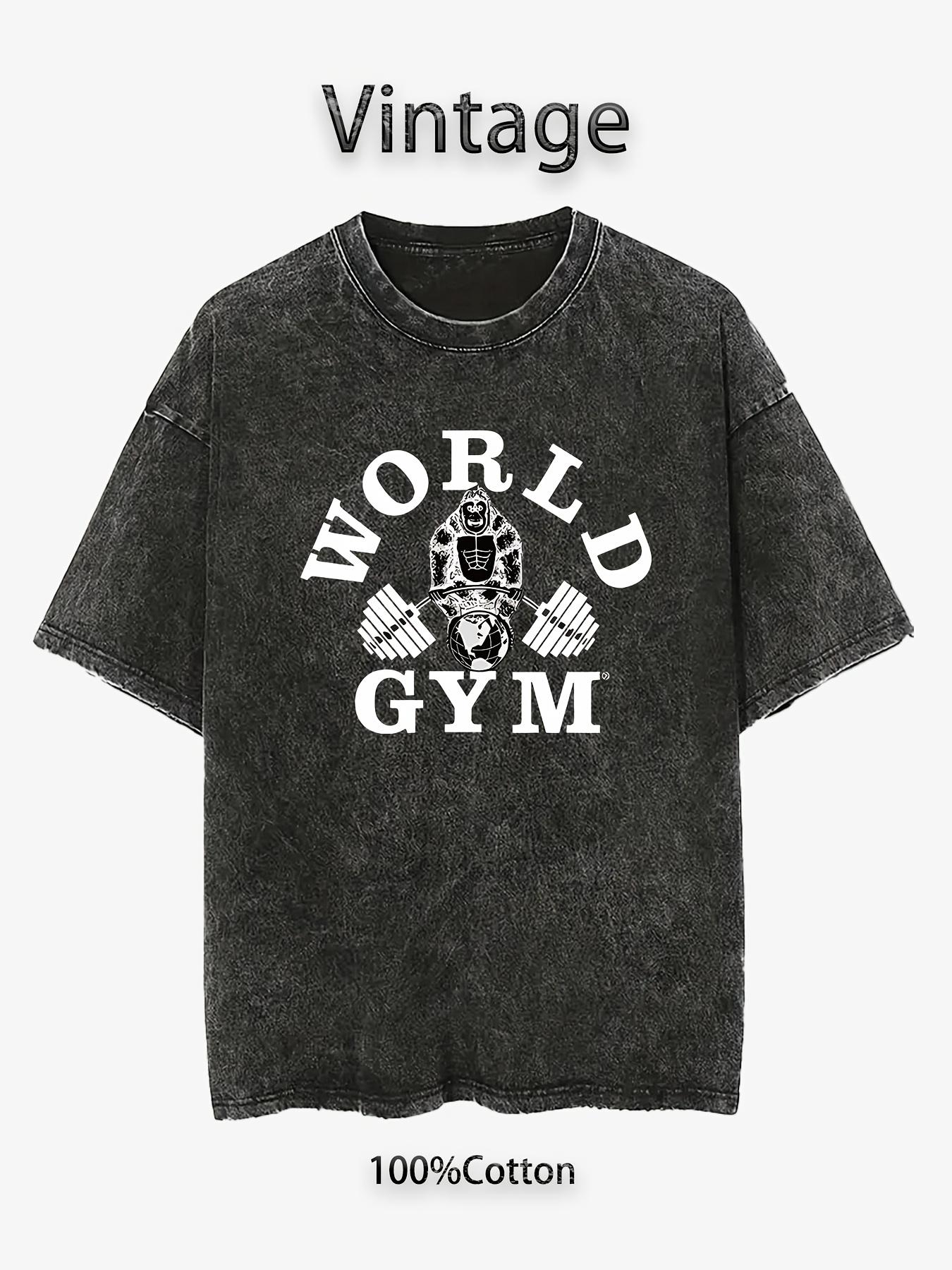 

Summer Mens Retro 100 Cotton Distressed Washed Tshirt in Loose Fit with A Printed World Gymnasium Pattern Breathable Suitable S