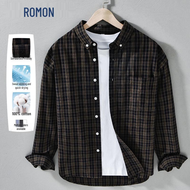 ROMON Men s Japanese Retro Plaid Drop-Shoulder Cotton Shirt 2XL