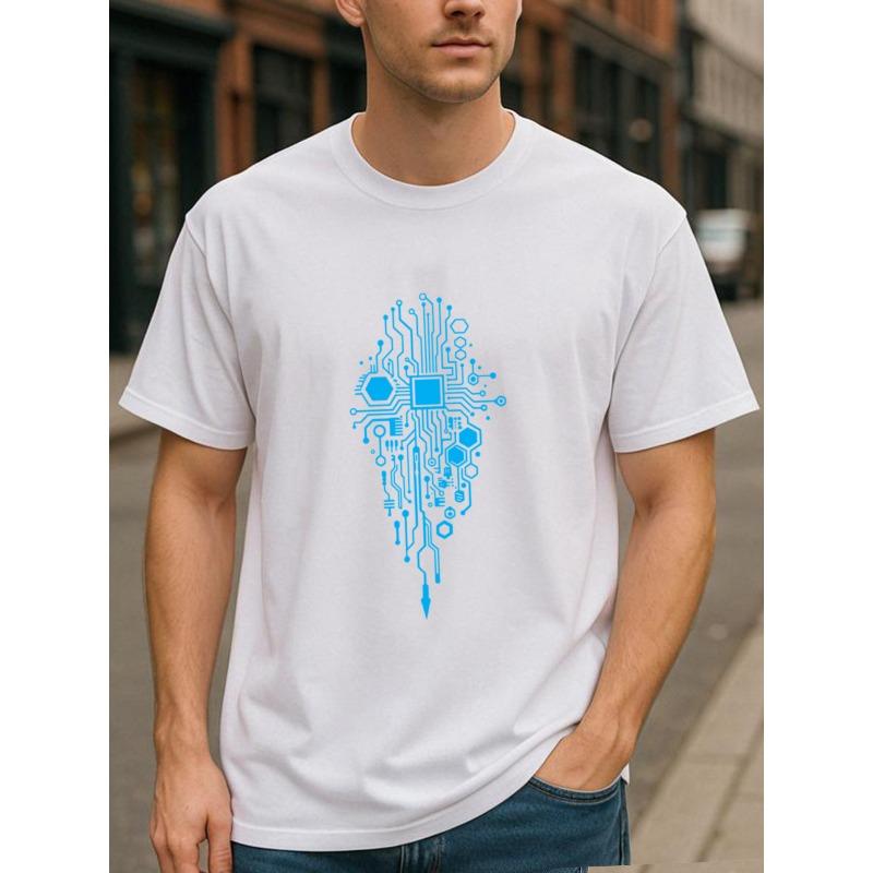 European sizes Blue Technology Circuit Diagram Men's Printed Short-sleeved Shirt, Medium Elasticity and Fashionable Style