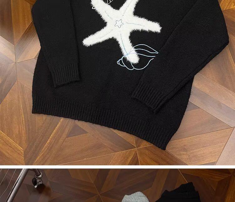 Unisex Korean Lazy Star Embroidered Round Neck Sweater - Casual Autumn/Winter Knit Top