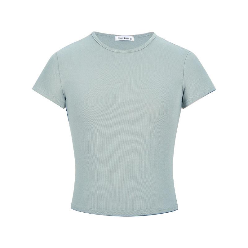 Korean Pink Slim-fit Short-sleeved T-shirt Women's Summer New Front Shoulder Crew Neck Thin Chic Bottoming Shirt