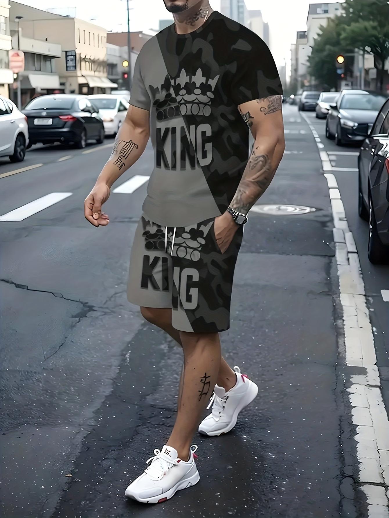 Plus Size Men 3D Print Round Neck T-Shirt Drawstring Shorts Set S