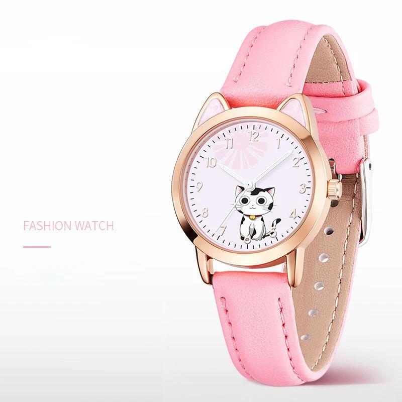 UTHAI Children Watch Girl Pink Cute Cartoon Cat Watch Waterproof 5-15 Year Old Primary School Student Women Fashion Quartz Clock