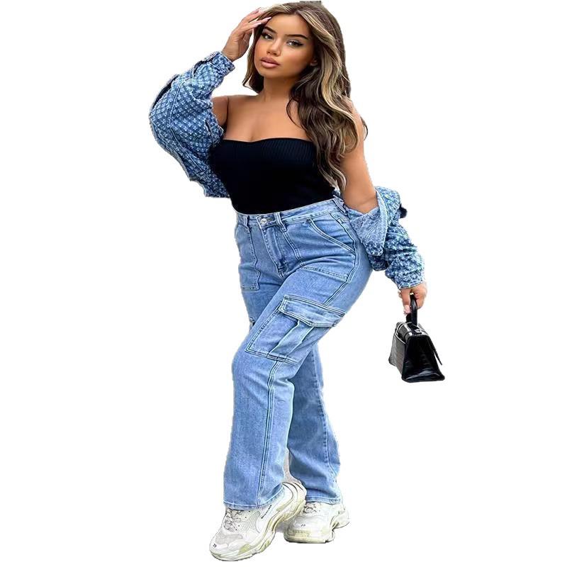 Women's European & American Style Wide-Leg Multi-Pocket Workwear Jeans for Spring and Autumn