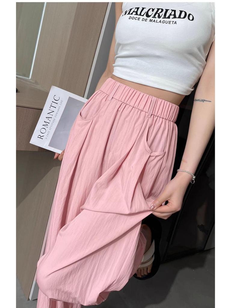 Ice Silk Women's High-Waist Wide Leg Pants - Summer 2025, Thin Apricot Drapey Style