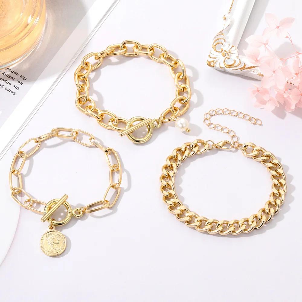 Punk Metal Damenmode Dicke Kettenglieder Armbänder Armreifen für Frauen Vintage Goldfarbe Geometrische Armbänder Set Schmuck Geschenk