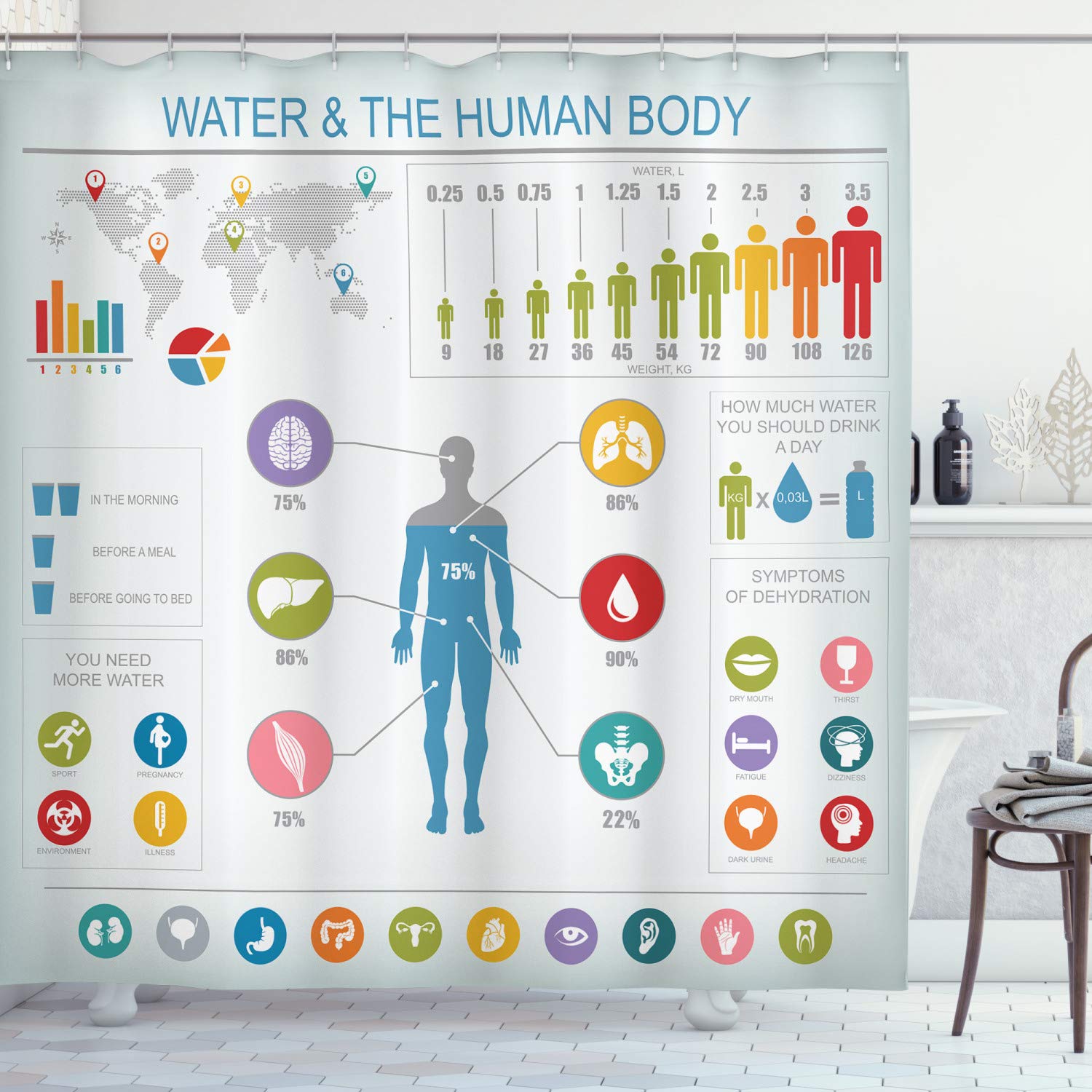

Human Body Shower Curtain Illustration Bathroom Decor,Science Human Anatomy Shower Curtains,Skeleton Skull Fabric Bathroom Set W60H190(CM)-1 Pcs