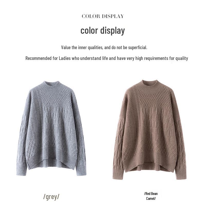 Women's Cashmere Cable Knit Sweater: Warm, Thickened Pullover with Half-High Neck for Autumn & Winter