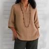 2026 Summer Women's European & American V-neck 3/4 Sleeve Cotton Linen Loose Casual Shirt