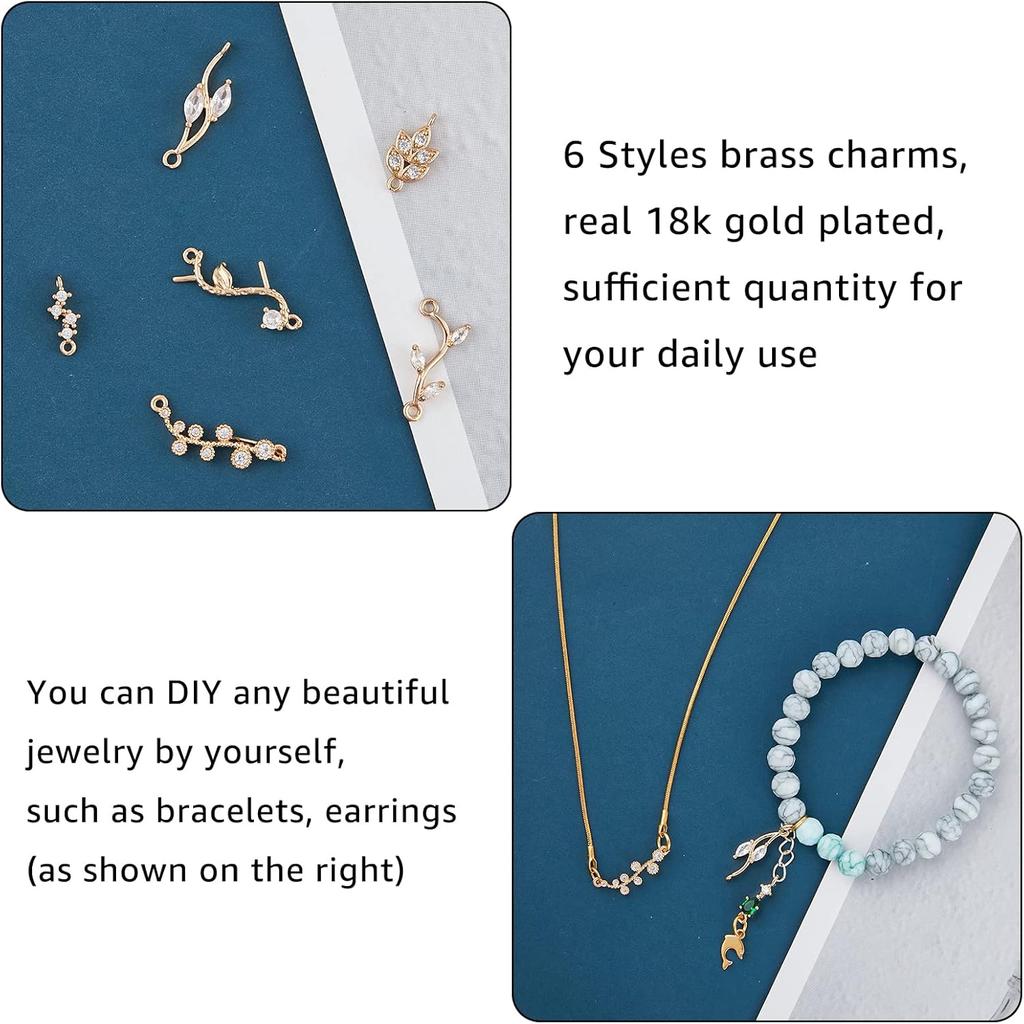 SUPERFINDINGS 24Pcs 6 Styles Cubic Zirconia Links Charms Crystal Leaf Branch Connector Charms Gold Plated Wheat Charms Rhinestone Leaves Pendant