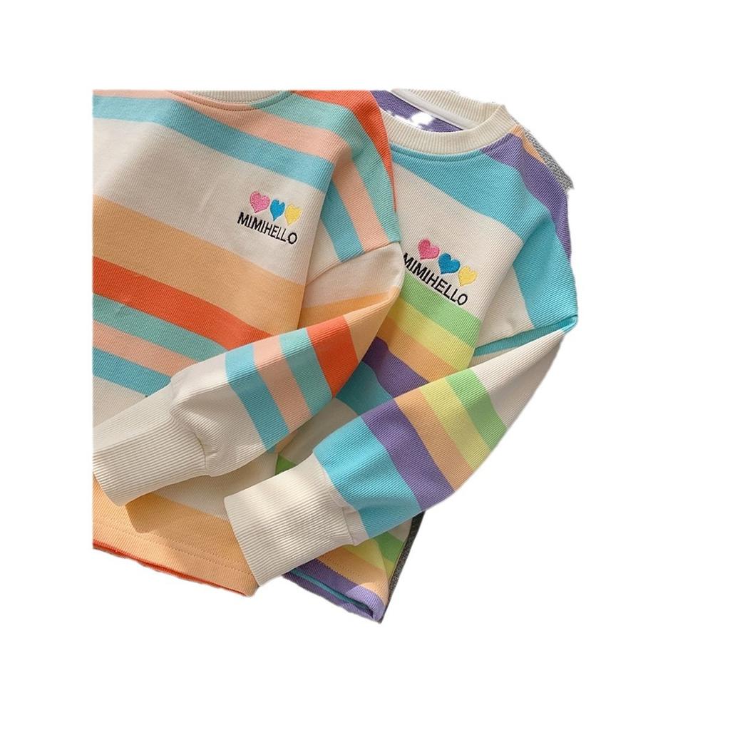 Girls Rainbow Striped Long Sleeve Sweatshirt Spring Autumn Korean Top