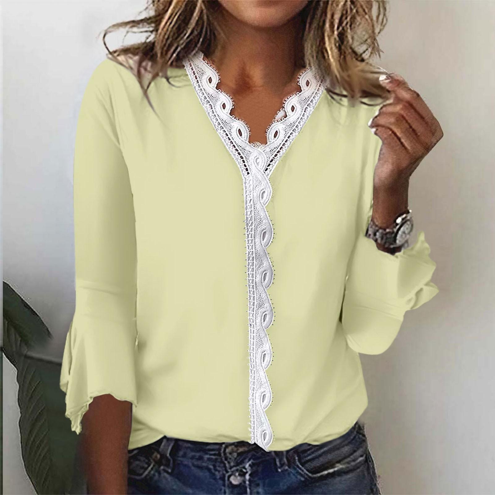

Женская мода с v-образным вырезом и кружевным принтом с лепестками и рукавами 3/4, повседневная футболка, топы для женщин XL жёлтый
