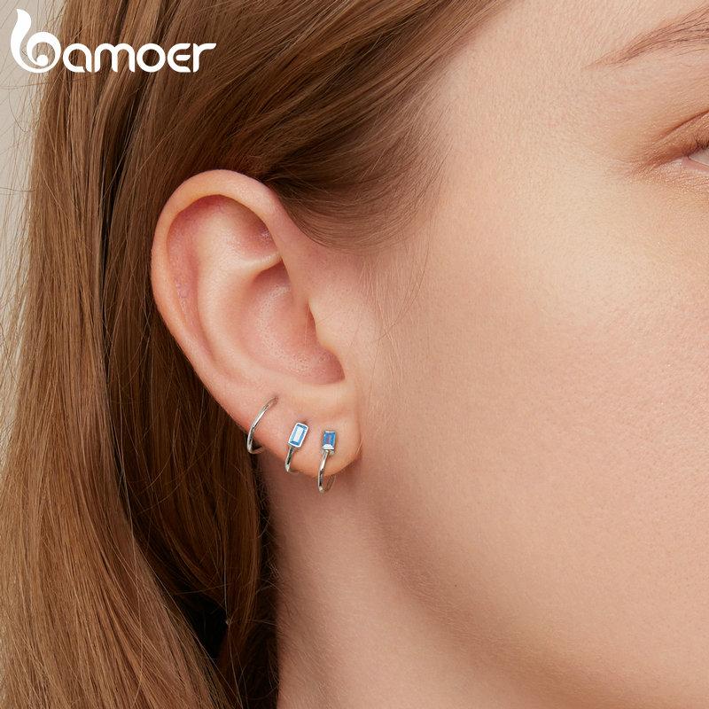 Bamoer 925 Sterling Silver Simple Style Blue Gemstone Ear Hooks for Women Trendy Geometric Studs Fine Jewelry Party Gift