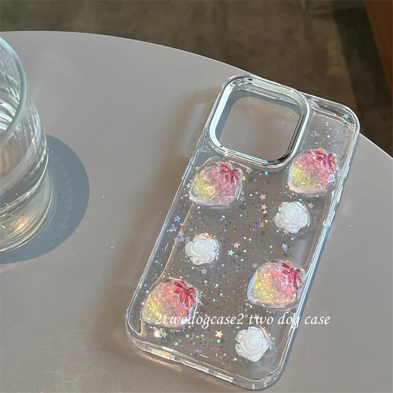 Gradient Color Strawberry Three-dimensional Flower Phone Case for IPhone16promax Glitter Powder for Apple 17 Sequin Transparent