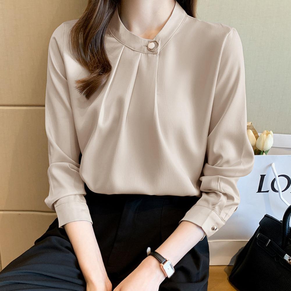 Women's Stand Collar Long Sleeve Loose Fit Blouse Pleated Satin Office Shirt