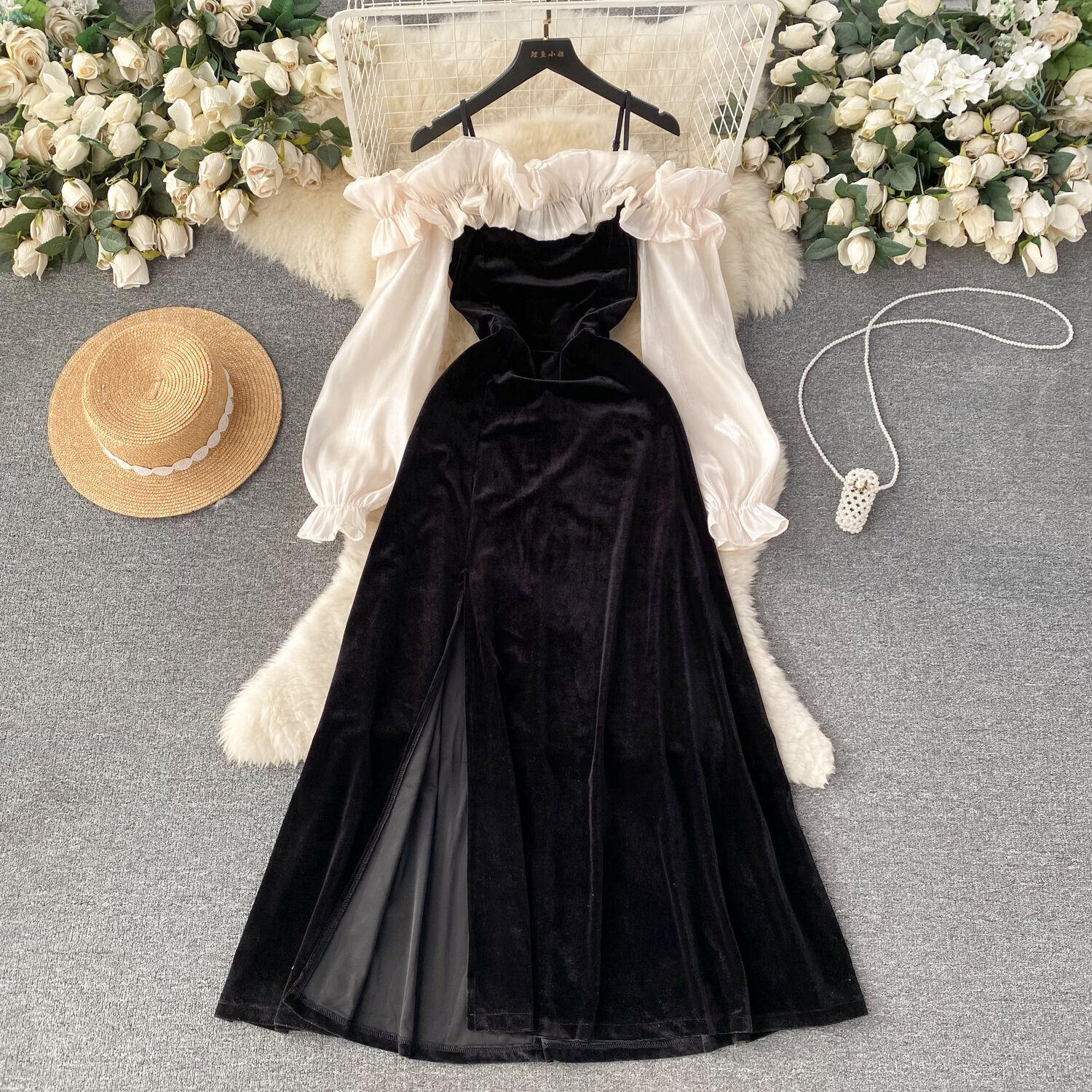 

Элегантное бархатное платье с оборками и пэчворком, женское контрастное цветное вечернее платье с длинным рукавом и разрезом, осенне-зимняя новая сладкая красная одежда для выпускного вечера S чёрный